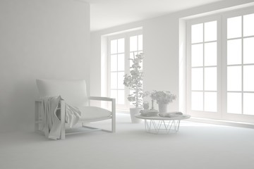 Mock up of stylish room in white color with armchair. Scandinavian interior design. 3D illustration