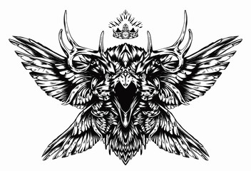 Fototapeta premium A black Raven with horns and a soaring crown above its head and beautiful wings on its sides. 2D illustration