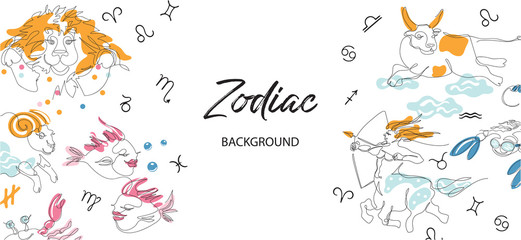 Zodiac background. Astrological horoscope. Horizontal banner with the zodiac signs.