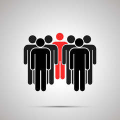 Company of people silhouette with red leader, simple black icon with shadow on gray