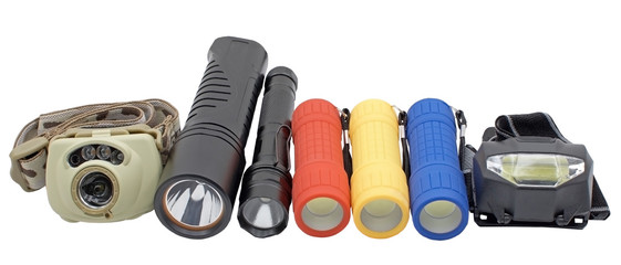 plastic multicolored led flashlights on a white