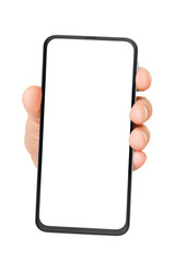 Hand holding cellphone with empty screen isolated on white