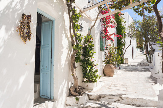 Fototapeta Beautiful traditional greek street with flowers on Amorgos island, Greece. 