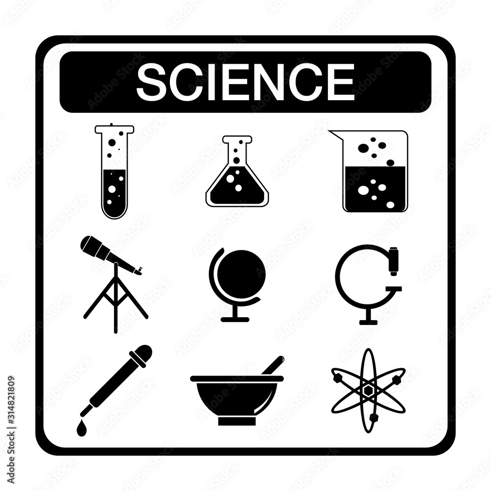 Poster minimalist black and white science sign with simple flat design. elegant science icon basic element 