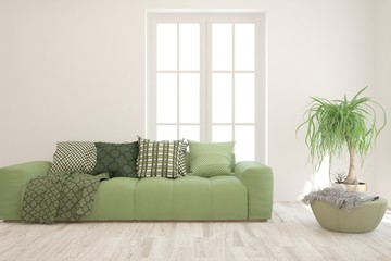 Stylish room in white color with sofa. Scandinavian interior design. 3D illustration