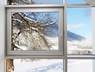 Window in the house with background winter garden. Free space for your design and home interior