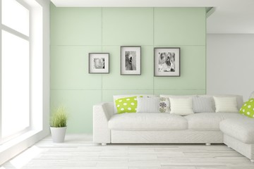 Fototapeta premium Stylish room in white color with sofa. Scandinavian interior design. 3D illustration
