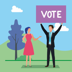 business couple with vote lettering in landscape vector illustration design
