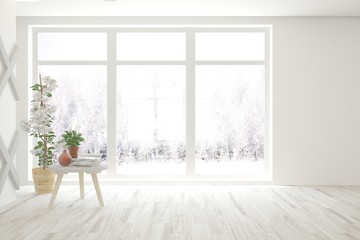 Mock up of empty room in white color with winter landscape in window. Scandinavian interior design. 3D illustration