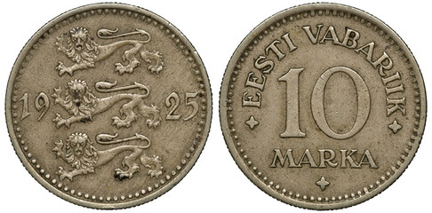 Estonia Estonian coin 10 ten marka 1925, three lions left divide date, country name and denomination, - obrazy, fototapety, plakaty