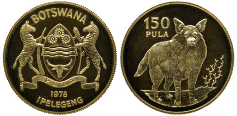 Botswana golden coin 150 one hundred fifty pula 1978, arms, shield with designs supported by...