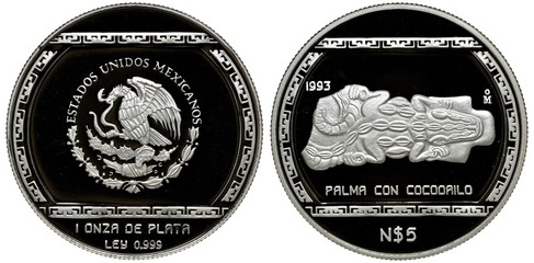 Mexico Mexican coin 5 five pesos 1993, Subject Pre-Columbian – Central Veracruz Series, eagle on cactus with snake in beak, palm tree with crocodile, 