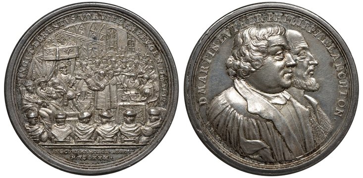 Germany German 18th century silver medal, subject Leipzig Debate between Andreas Karlstadt, Martin Luther, and Johann Eck, Luther with book in front of audience, busts of Luther and Melanchton, 