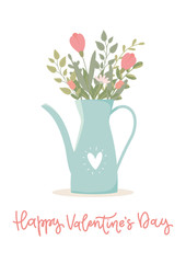 Valentine's day concept. Gift romantic postcards with bouquet of flowers in a teapot. Vector illustration on white background.