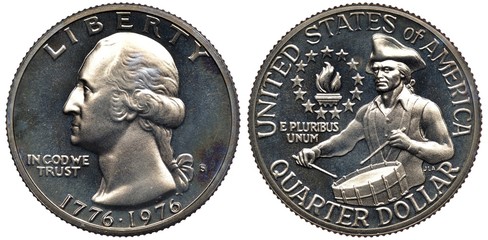 Unites States coin quarter dollar 1976, subject Bicentennial of Independence, head of George...
