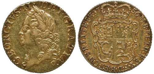 Great Britain British golden coin 1/2 half guinea 1756, laureate head of King George II left, crowned shield with designs and circular inscription,