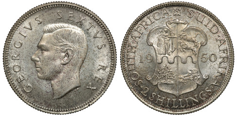 British South Africa silver coin 2 two shillings 1950, head of King George VI left, shield with designs divides date,