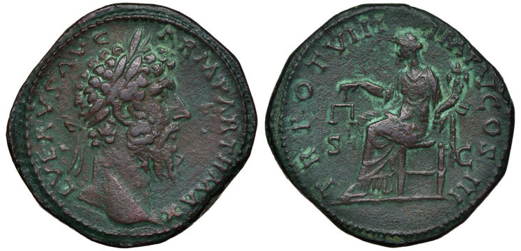 Ancient Roman Empire bronze coin sestertius 168 AD, laureate head of Emperor Lucius Verus right, sitting female with scales as personification of quality, 