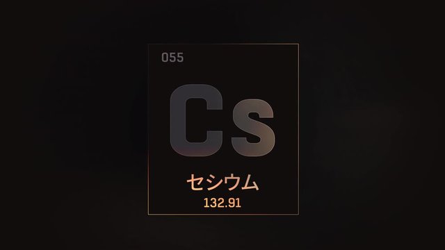 Cesium as Element 55 of the Periodic Table. Seamlessly looping 3D animation on grey illuminated atom design background orbiting electrons name, atomic weight element number in Japanese language