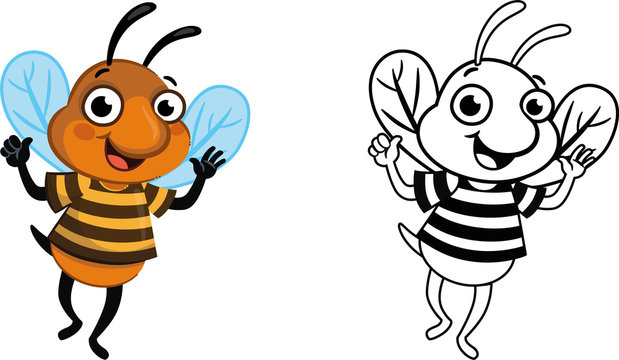 Cartoon Bee Character. Vector Coloring Page.