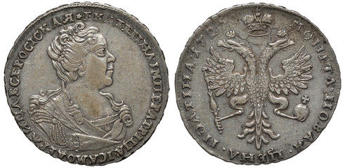 Russia Russian early date silver coin poltina (half rouble or 50 fifty kopeks) 1727, bust of Empress Katherine I right, crowned double-headed eagle holding scepter and orb, 