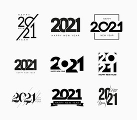 Set of 2021 Happy New Year signs. Big collection of 2021 Happy New Year symbols. Greeting card artwork, brochure template. Vector illustration with black holiday labels isolated on white background