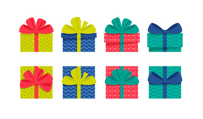 Set of a front and top view flat colorful gift boxes with ribbons and bows on a white background. Easy to use and a one-click recolor vector design.