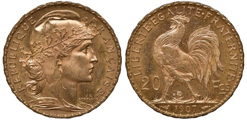 France French golden coin 20 twenty francs 1907, Third Republic issue, head of Liberty right, Gallic rooster divides denomination, date below,
