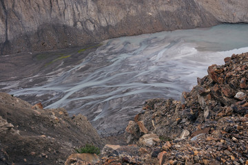 The water from the glacier changing into the river, Manang, Nepal.