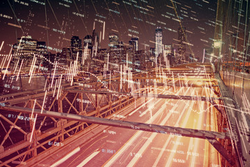 Obraz premium Forex chart on cityscape with tall buildings background multi exposure. Financial research concept.