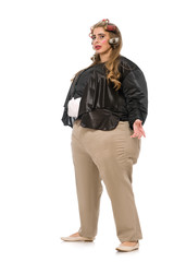 Young fat woman with obesity posing on white background