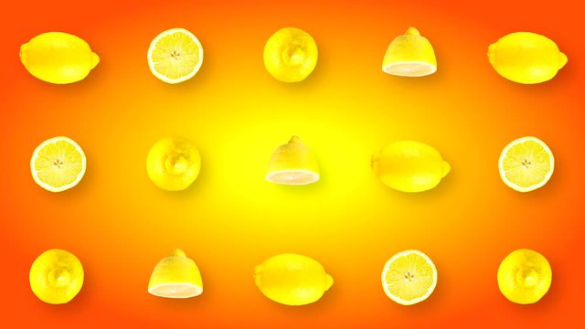 Looping animated abstract video with rotating lemons on a yellow-red gradient background. Black and white brightness mask to remove background during video editing.