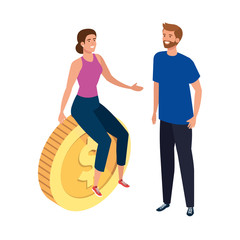 young couple with coin isolated icon vector illustration design