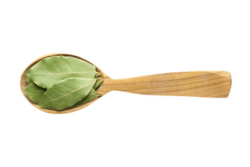 dried bay leaves in wooden spoon isolated on white background. spice for cooking food, top view.