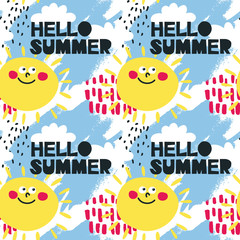 Seamless cute colorful pattern with sun, summer, hello, smile, grahpic elements