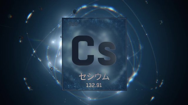 Cesium as Element 55 of the Periodic Table. Seamlessly looping 3D animation on blue illuminated atom design background orbiting electrons name, atomic weight element number in Japanese language