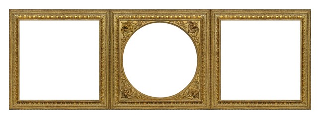 Triple golden frame (triptych) for paintings, mirrors or photos isolated on white background
