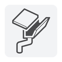 Fascia style gutter vector icon. Also call rain gutter or eavestrough. Include downpipe or downspout and pipeline for water discharge, drainage system to protect building from rainwater flow off roof.
