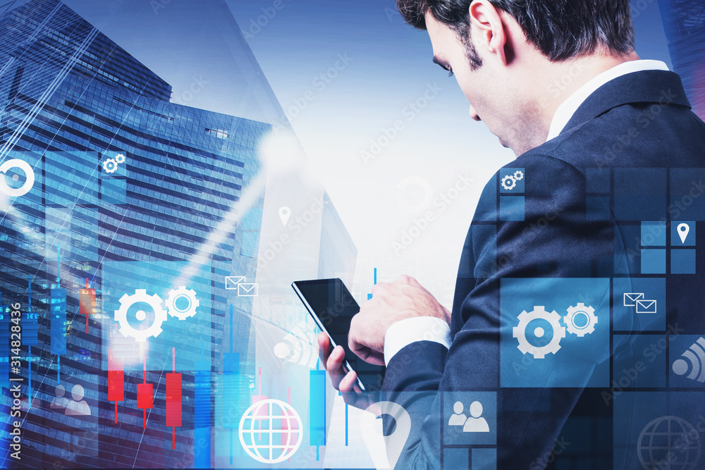 Poster man using smartphone in city, digital interface