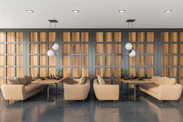 Gray and wooden cafe interior with sofas