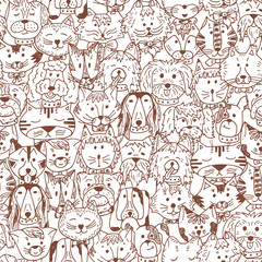 Animals. Cats and Dogs Vector Seamless pattern. Hand Drawn Doodles Pets. Cute Cats and Dogs Black and White background.