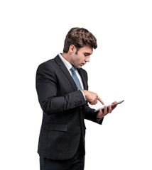 Young businessman using tablet, isolated