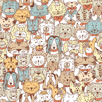 Animals. Cats and Dogs Vector Seamless pattern. Hand Drawn Doodles Pets. Cute Cats and Dogs colored background.