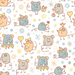 Vector Funny Mouse Seamless pattern. Hand drawn cartoon doodle Mice