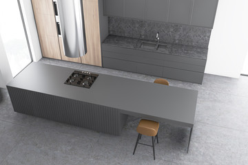Gray and wooden kitchen with bar, top view