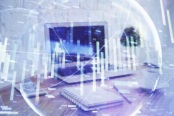 Multi exposure of business theme icons and work space with computer background. Concept of success.