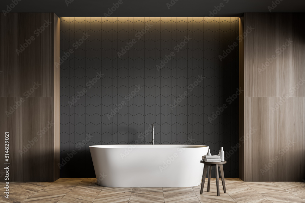 Wall mural gray tile and wood bathroom interior with tub