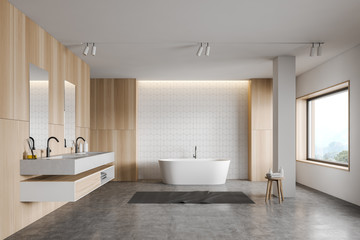 Fototapeta na wymiar White tile and wooden bathroom, tub and sink