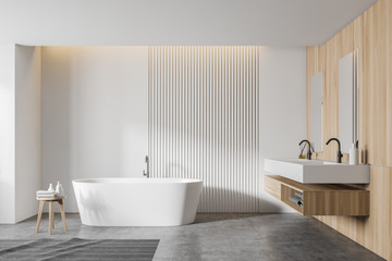 Obraz na płótnie Canvas White and wooden bathroom interior, tub and sink