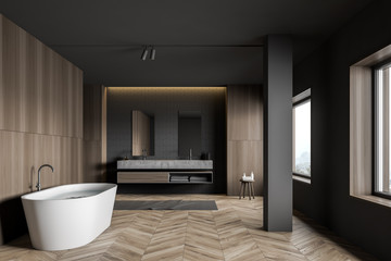 Gray tile and wood bathroom interior